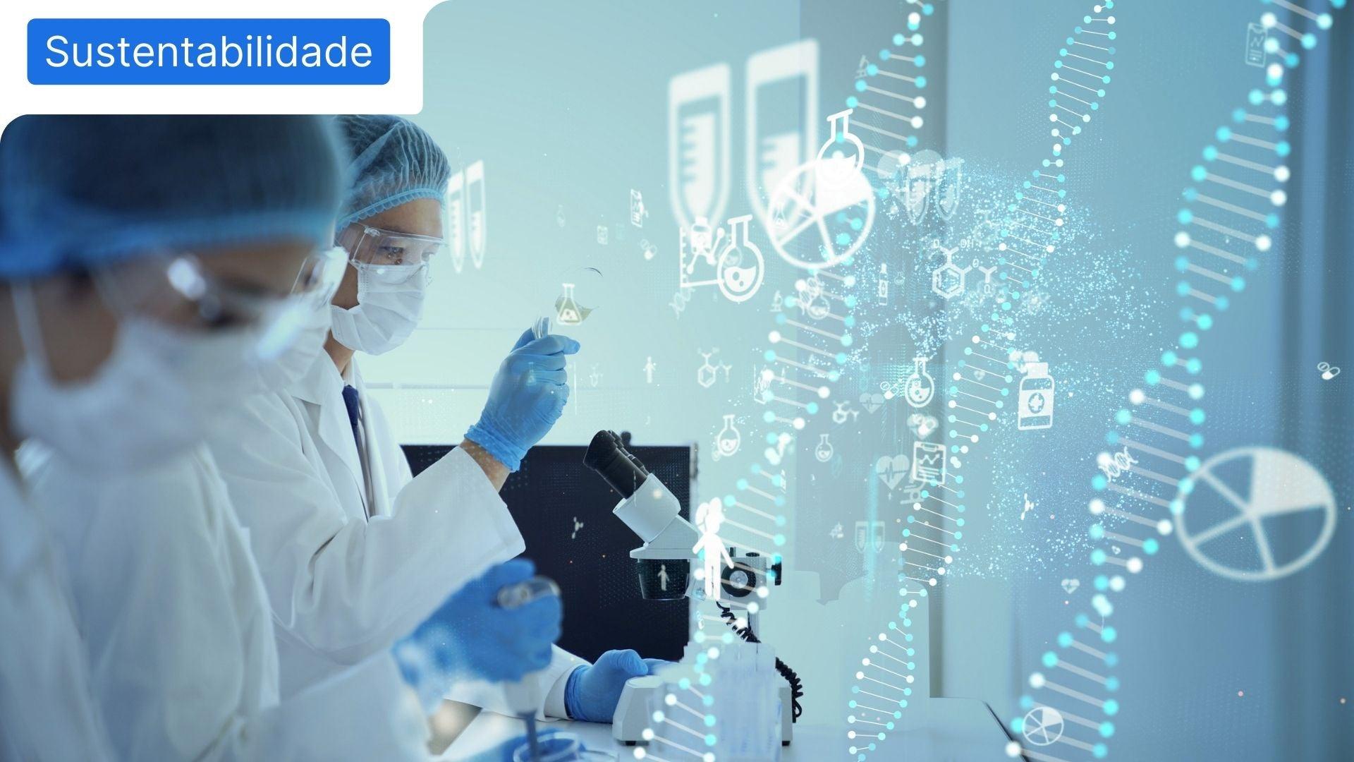 Dois cientistas com fórmulas químicas para retratar o tema da importância da Ciência na sustentabilidade