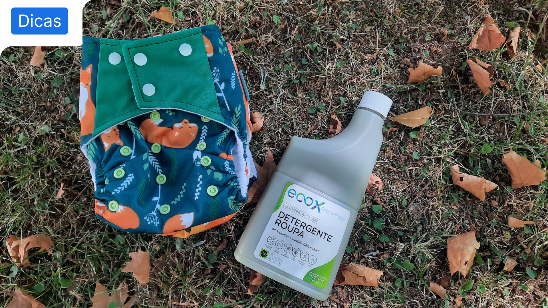 Fralda reutilizável com Detergente Roupa EcoX, para retratar o tema de como lavar fraldas reutilizáveis