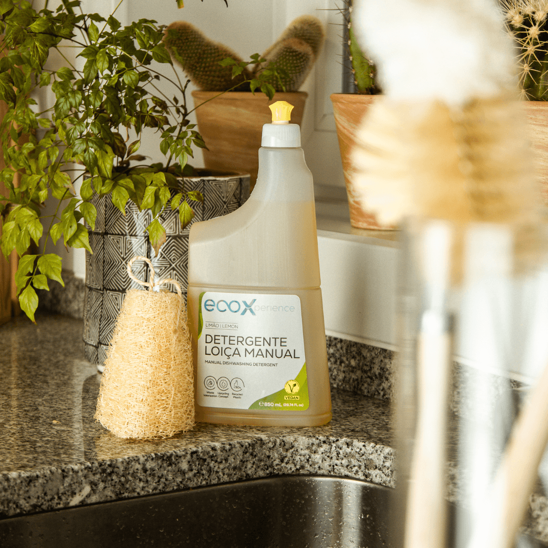 Embalagem de detergente loiça EcoX 850mL com a lufa ao lado