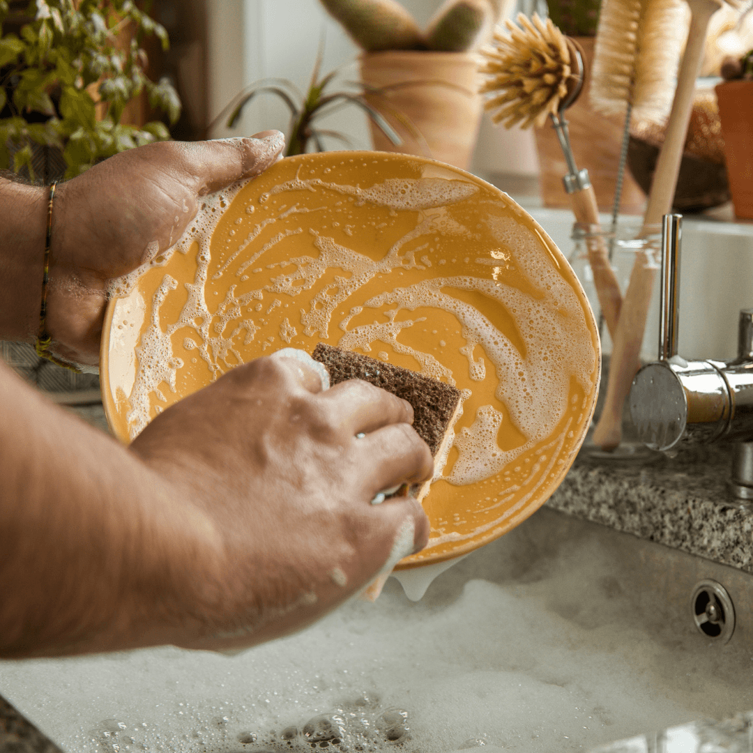 Mão a lavar prato com a esponja da loiça EcoX