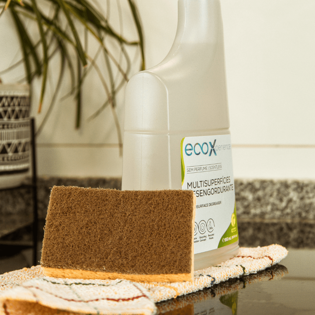 Esponja da loiça ao lado do multisuperfícies desengordurante para cozinha EcoX