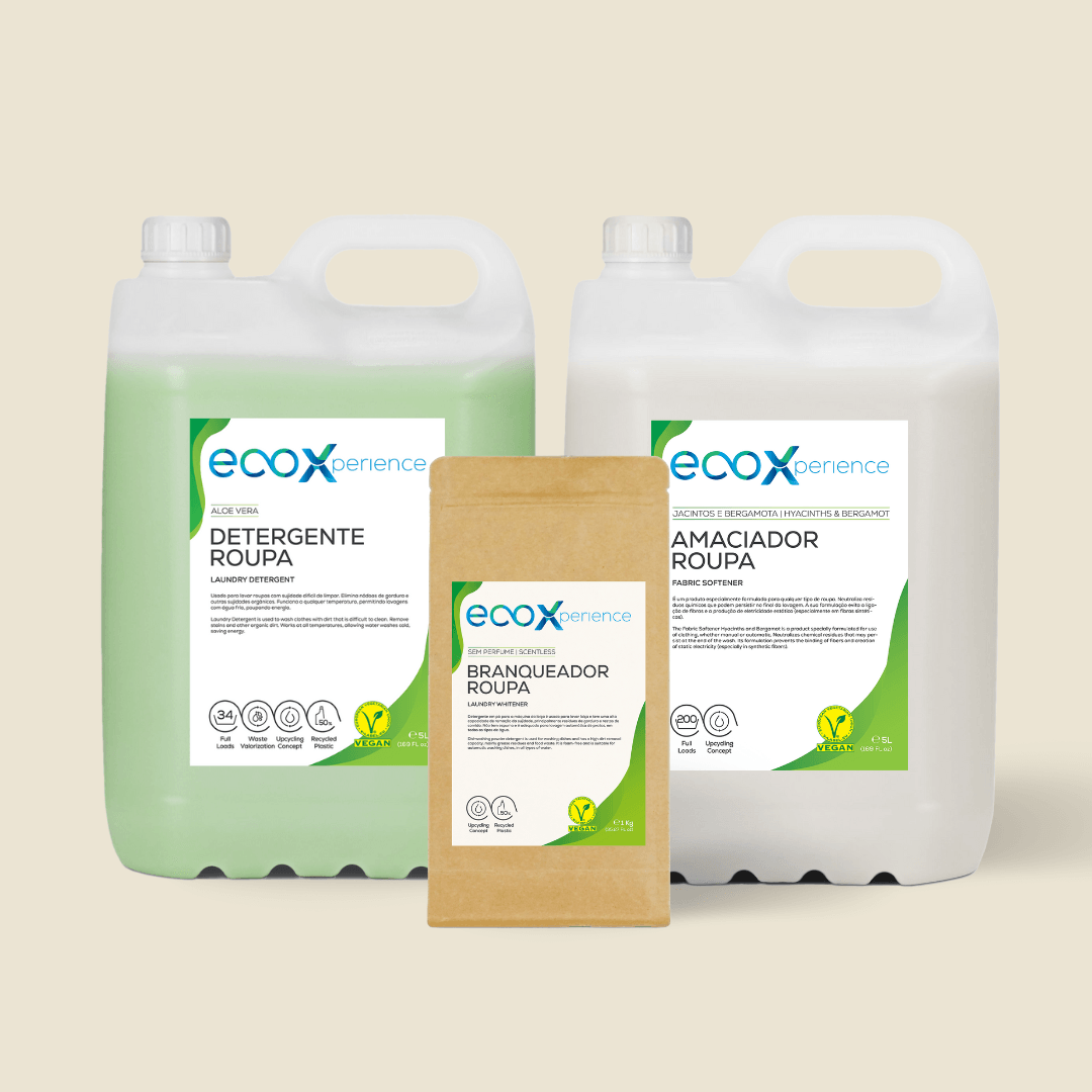 Kit de detergentes de roupa EcoX: detergente aloe vera + amaciador jacintos e bergamota + branqueador da roupa