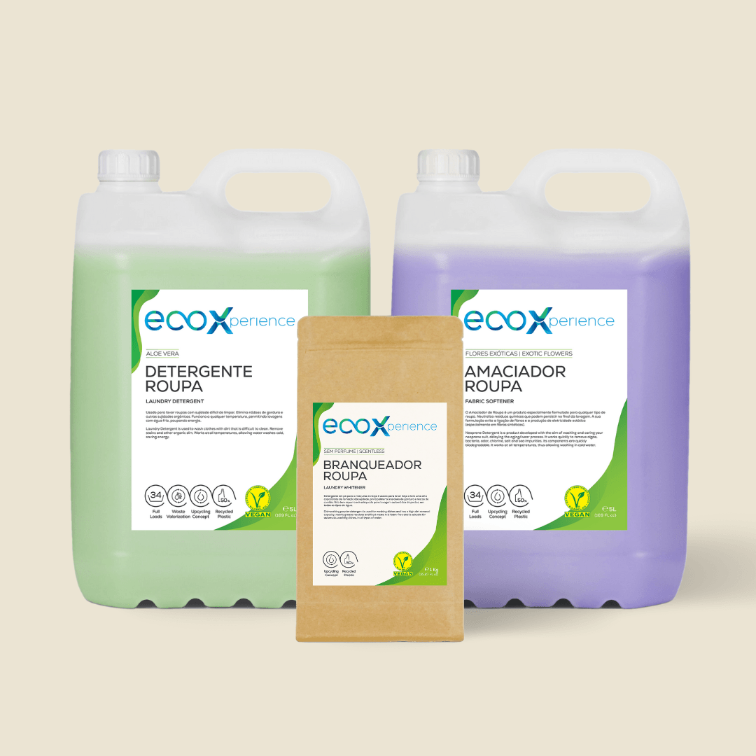 Kit de detergentes de roupa EcoX: detergente aloe vera + amaciador flores exóticas + branqueador da roupa