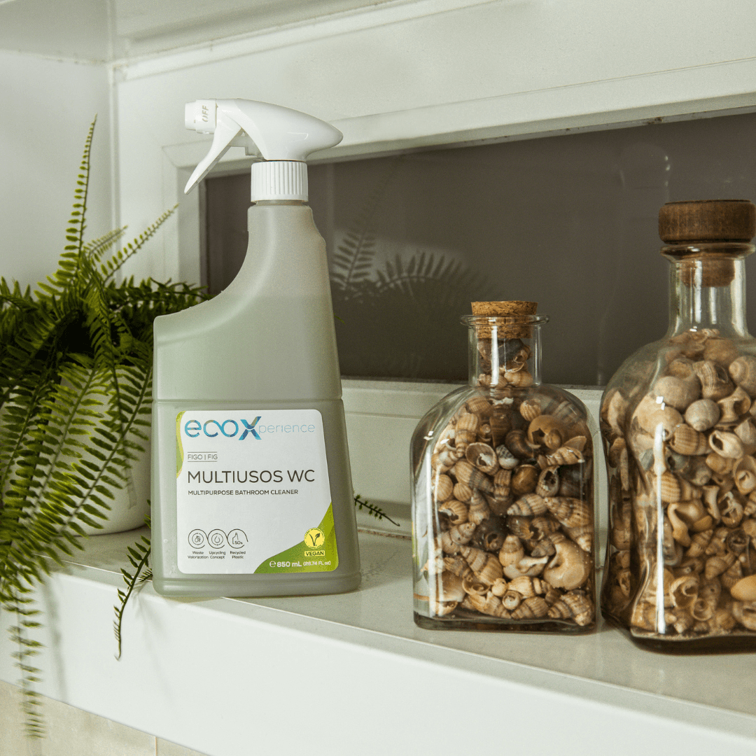 Embalagem de multiusos WC figo EcoX 850mL ao lado de uma planta e de duas embalagens de vidro com búzios