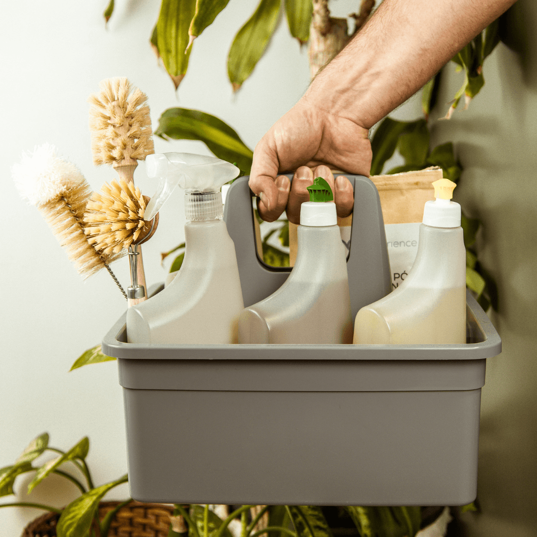 Detergentes EcoX com acessórios, incluindo a recarga para escova, numa caixa a ser agarrada por uma pessoa