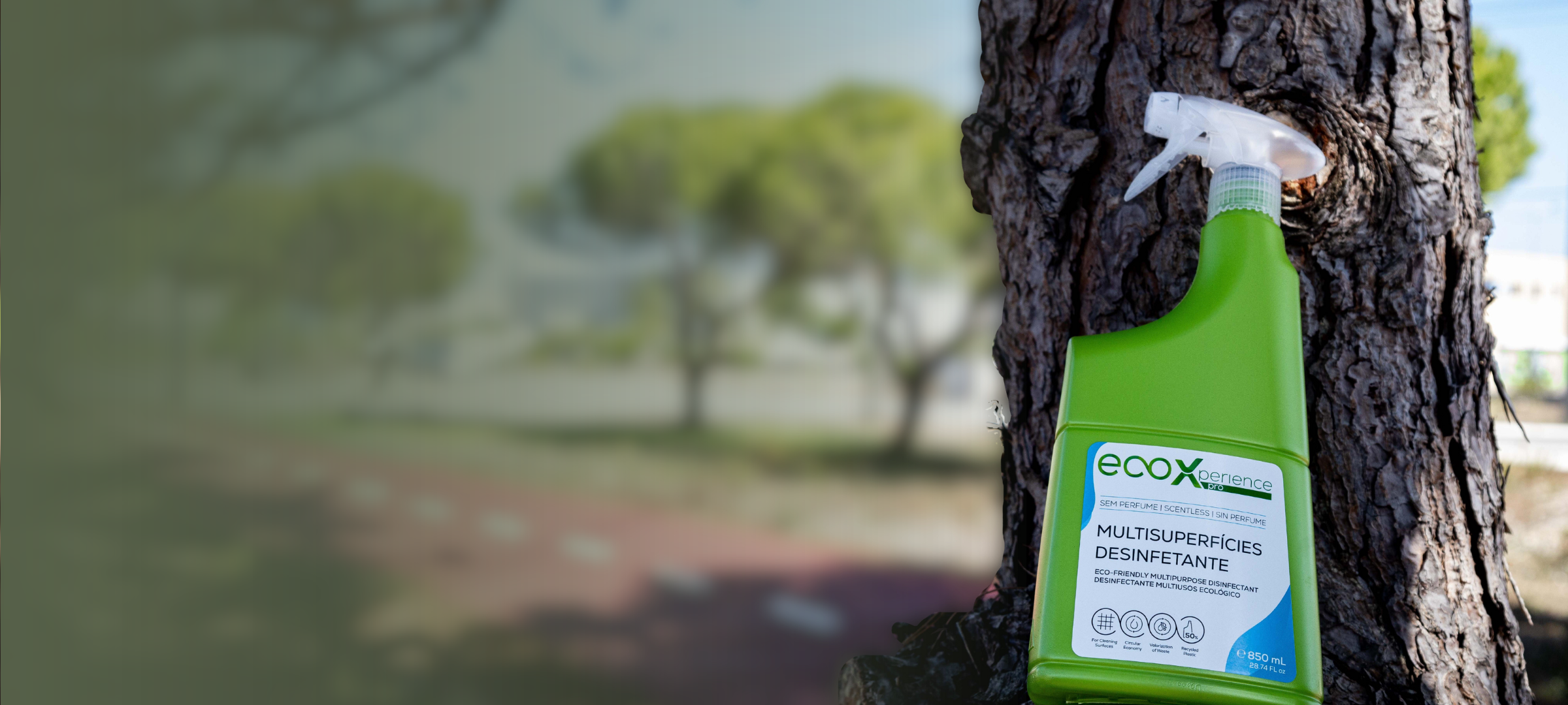 Detergente profissional EcoX ao lado de um tronco de uma árvore