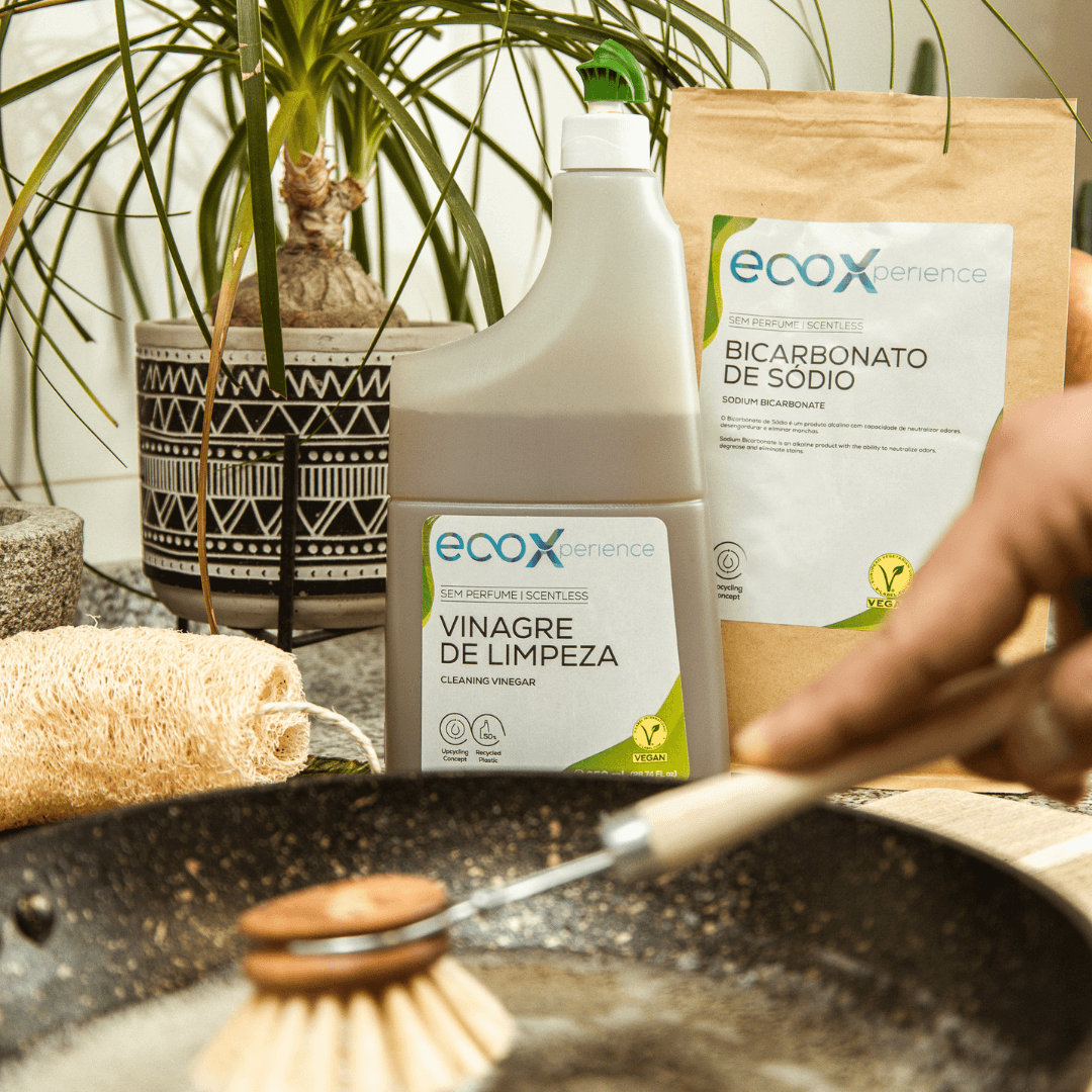 Mão a limpar uma frigideira com a escova de madeira para a loiça e com produtos EcoX atrás