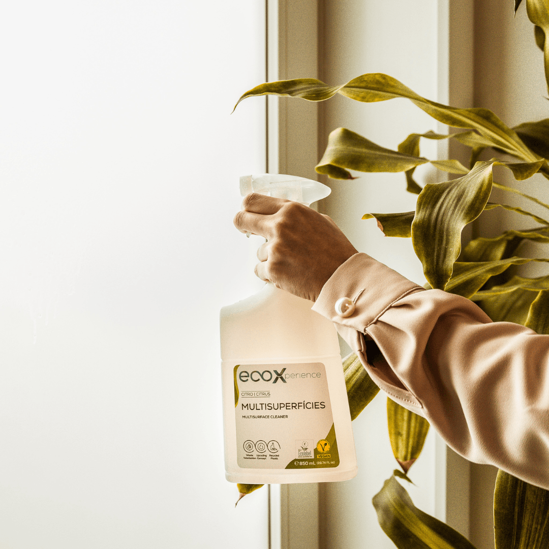 Mão a segurar uma embalagem de multisuperfícies citro EcoX 850mL
