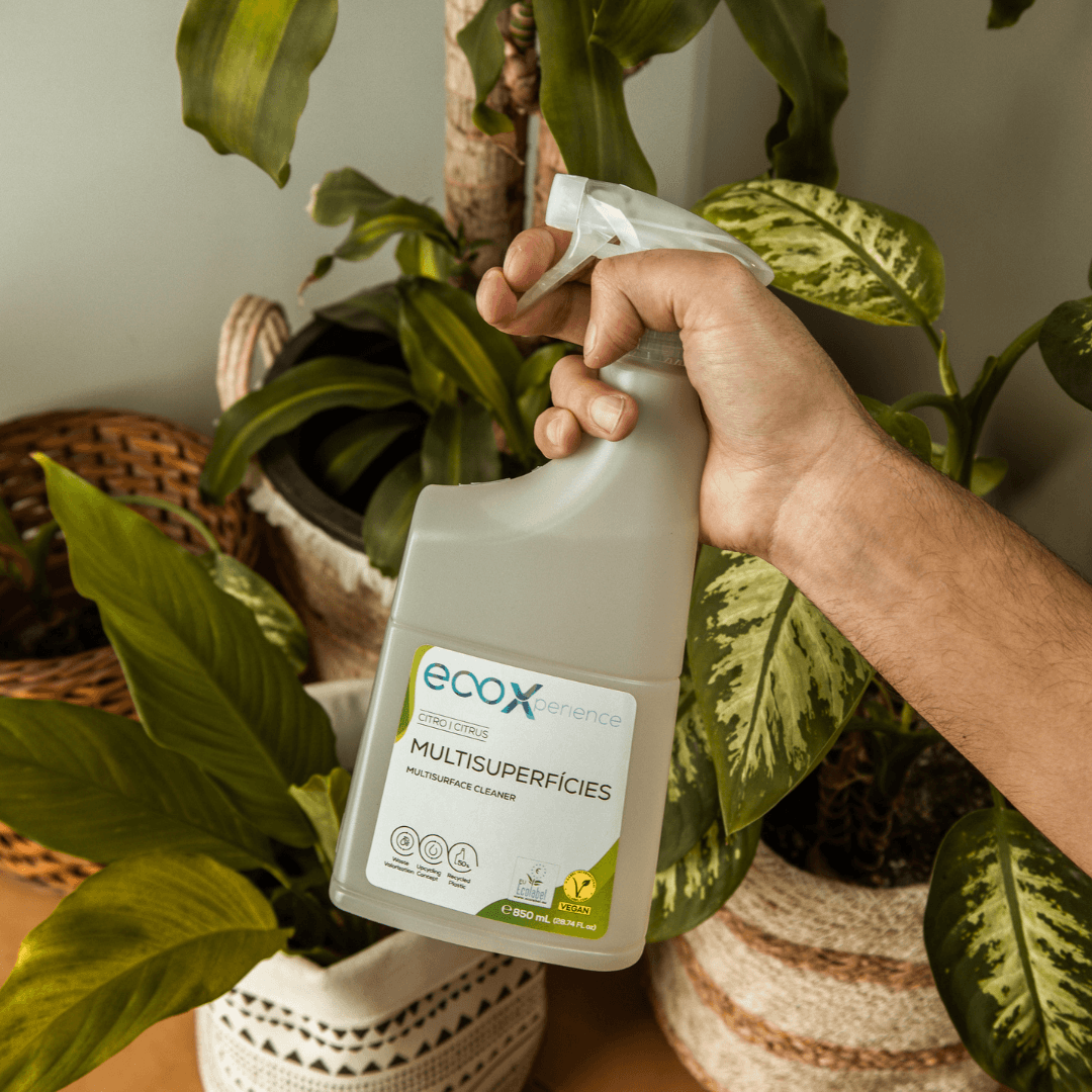 Mão a segurar uma embalagem de multisuperfícies citro EcoX 850mL